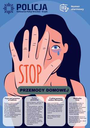 Plakat dotyczący przemocy domowej zawierający informacje o tym czym jest i gdzie można uzyska pomoc.